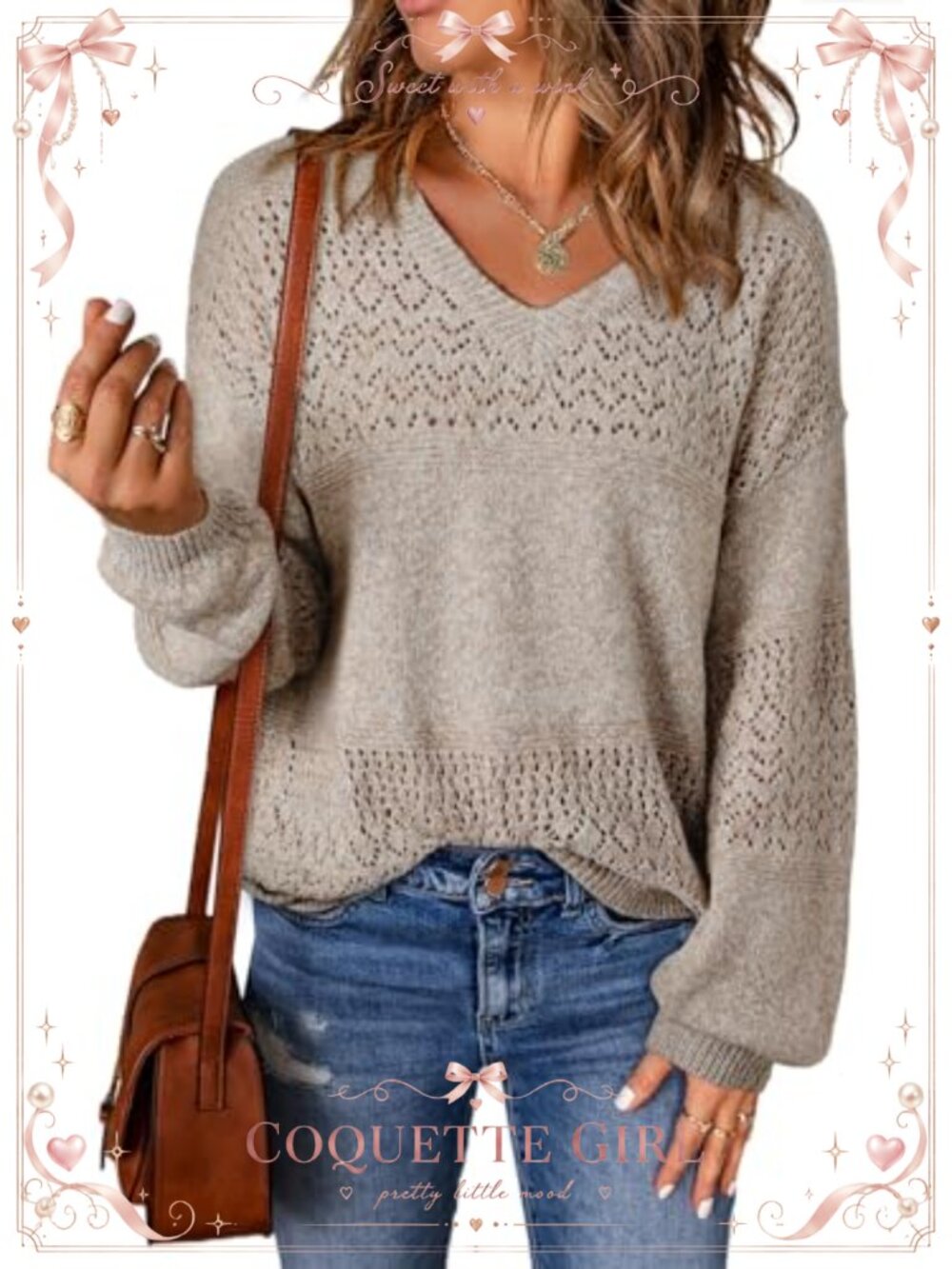 Crochet Knit Pullover Sweater Long Sleeve V-Neck Loose Fit